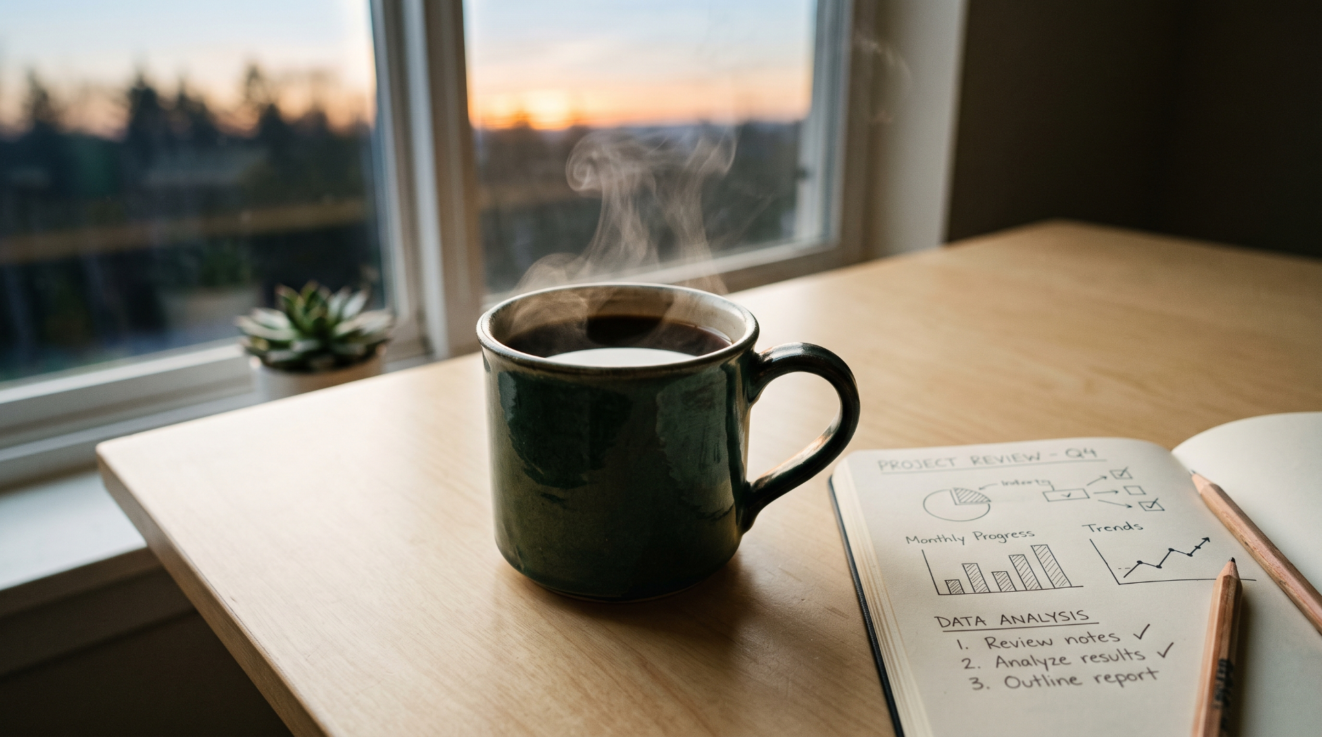 A quiet morning workspace with coffee and a notebook open to Q4 review notes